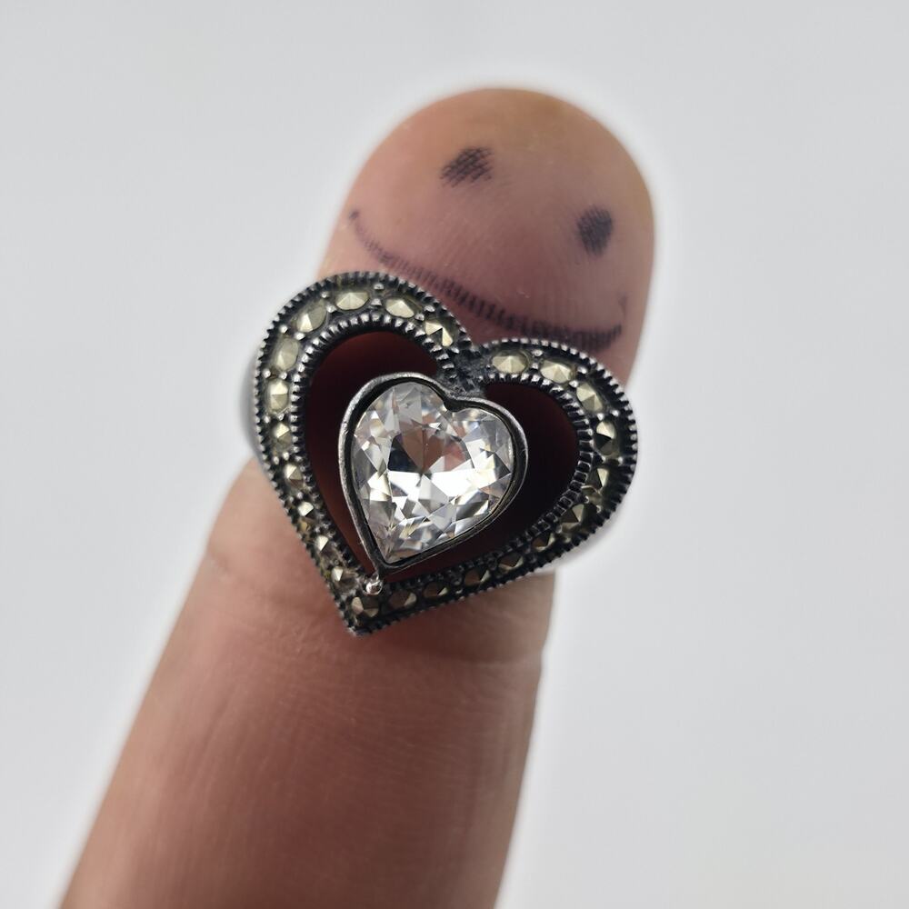 Sterling Silver 925 Heart Ring Clear CZ Marcasite Open Heart Size 7 Patina